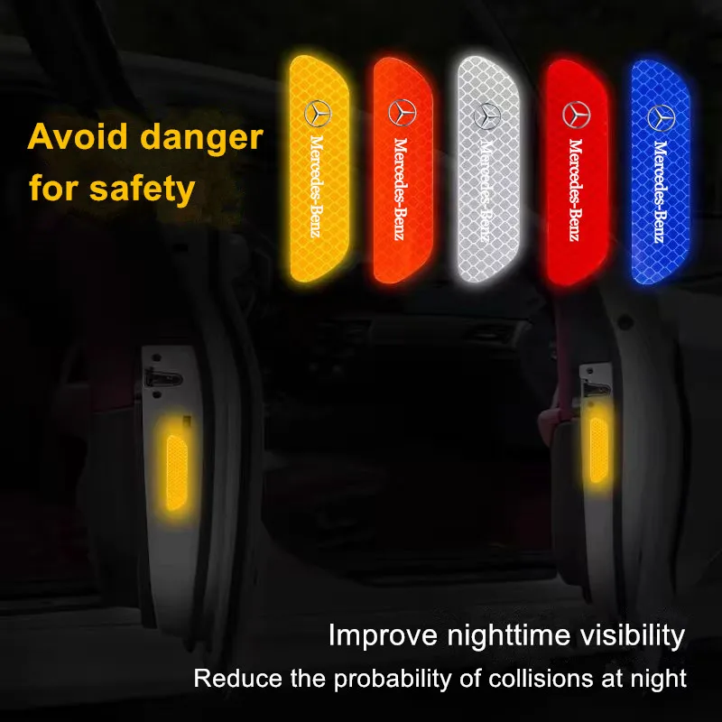 4PCS Car Door Sticker Safety Warning Reflective Mark For MERCEDES BENZ W203 W204 W205 W209 W210 W211 W212 W176 W166 W163