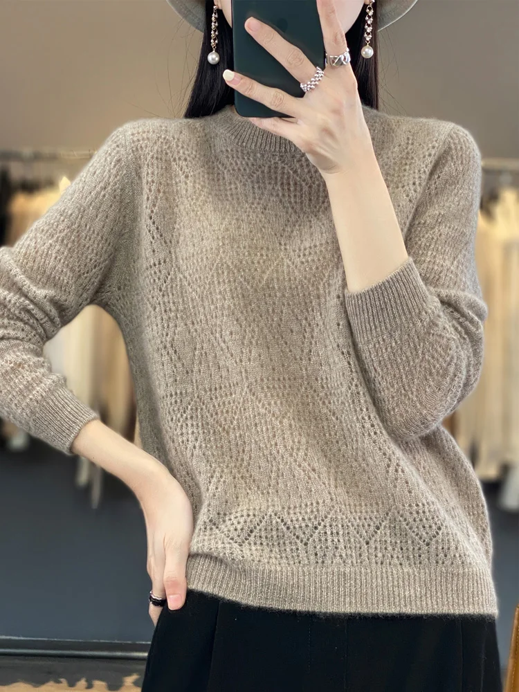 2024 New Design Spring Hollow Out Knitwear Meirno Wool Sweater Women Cashmere Sweater O-Neck Knitted Clothing Top