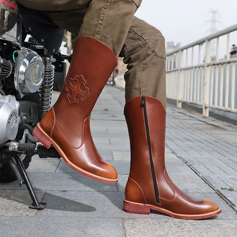 

Fashion Leather Motorcycle Pointed Toe Riding Equestrian Boots Mid-calf Men botas Casual Western Shoes Retro Cowboy Boots Rock