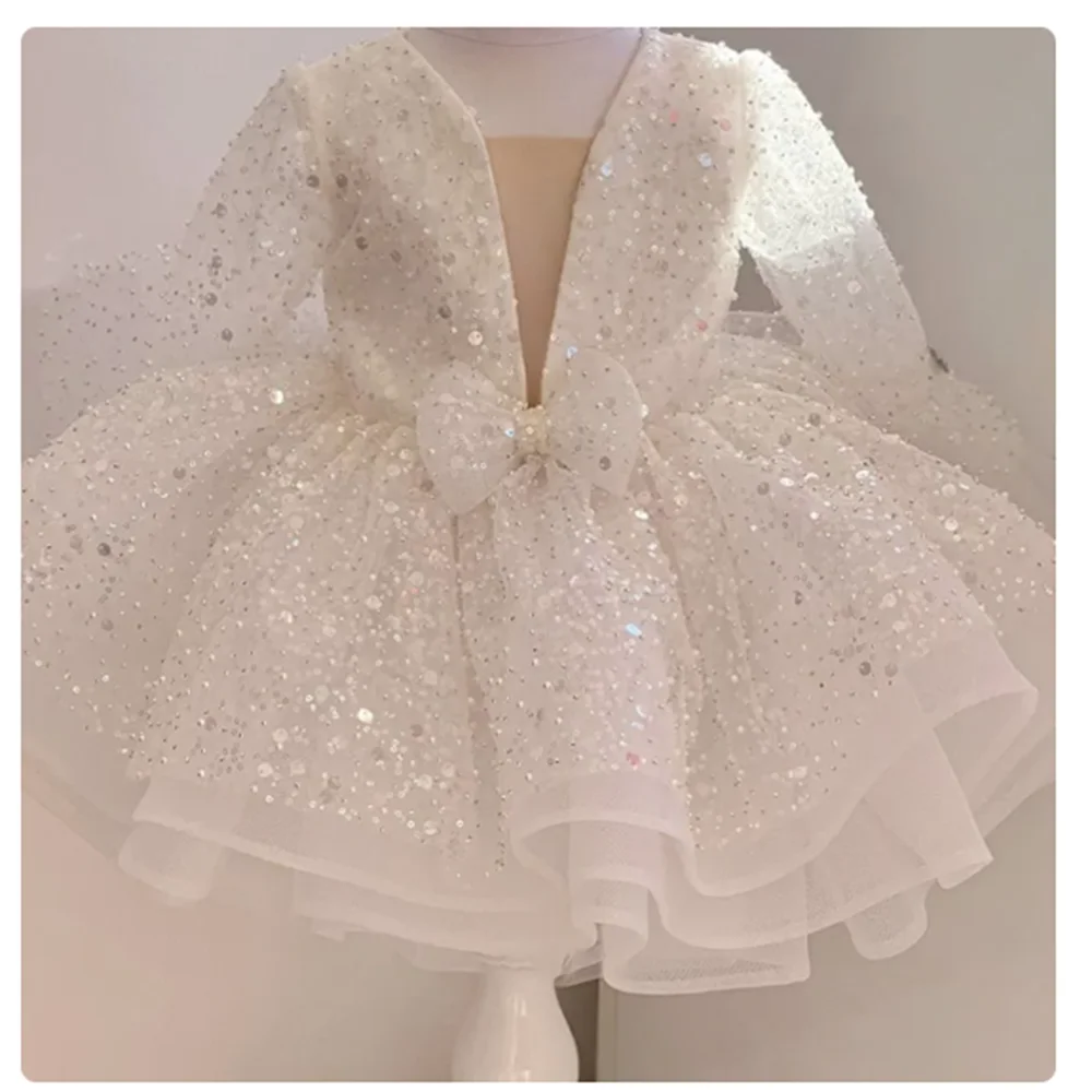 Cute Pink Flower Girl Dresses Glitter Sequined Shiny With Bow Fit Wedding Party Princess Ball Customized Gowns