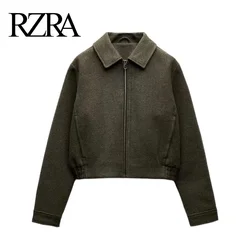 RZRA2024 new autumn and winter women's solid color versatile simple zipper decorated short lapel long-sleeved jacket