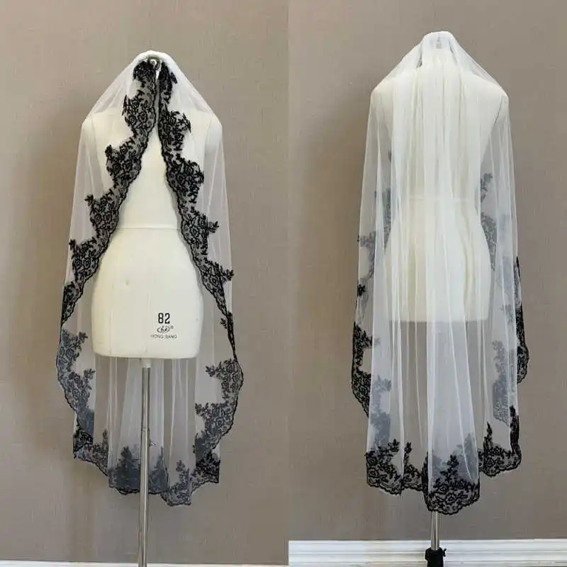 

Chic Black Floral Lace Edge Tulle Bridal Veil One-Layer Wedding Veil Formal Bridal Accessory свадебное платье Customized
