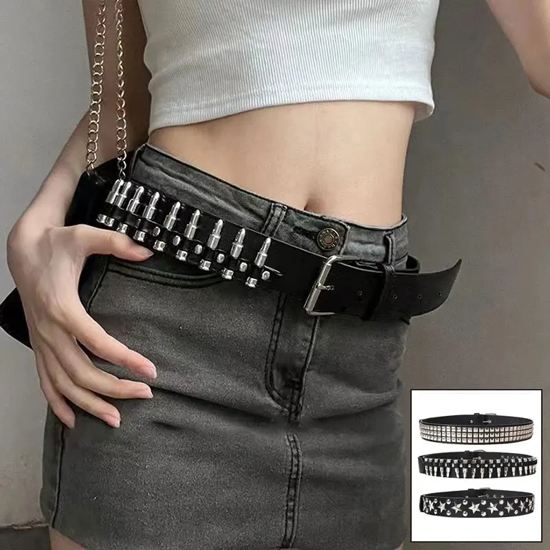 Modischer Street-Style PU-Leder Nieten-Gürtel, Verstellbarer Rock-Gürtel mit Nieten-Dekoration für Damen, Gothic Punk Schwarzer Taillengürtel