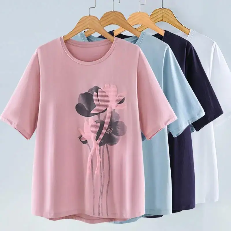 2024 New Retro Art Minimalist Round Neck Exquisite Lotus Leaf Print Casual Loose Oversize Fashion Versatile Women's T-shirt