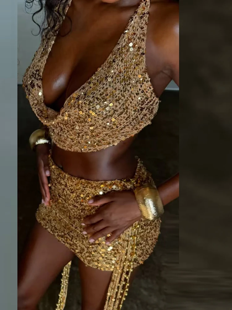 

Весенне-летний вязаный женский наряд с блестками, модный отпуск, новинка 2026 года, костюмы, сексуальный топ с v-образным вырезом и короткими рукавами и брюки, комплект из двух предметов