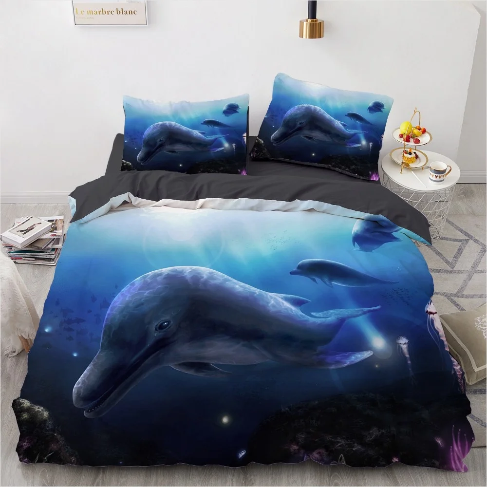 Fashion 3D Bedding Sets Sea Dolphin Blue Duvet Cover Set Cute Duvet Cover Pillowcase Luxury Home Texitle Queen Full Size 140x200