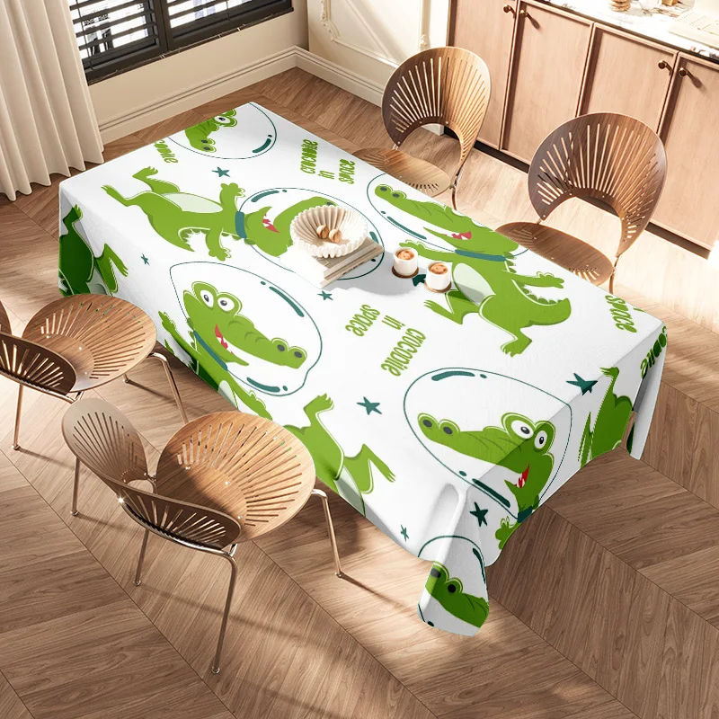 Green Space Cartoon Print Dining Tablecloth with Green Frogs Decorative Home Textiles for Kitchen or Restaurant Set of 60x90cm (