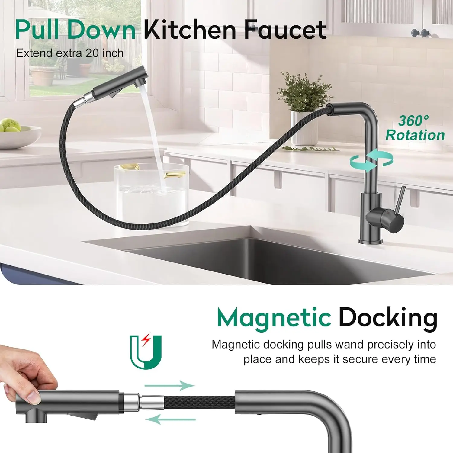 Kitchen Faucets, Grey Kitchen Faucet with Pull Down Sprayer,Stainless Steel Kitchen Faucet 3 Hole,Single Handle Bar Sink Fa