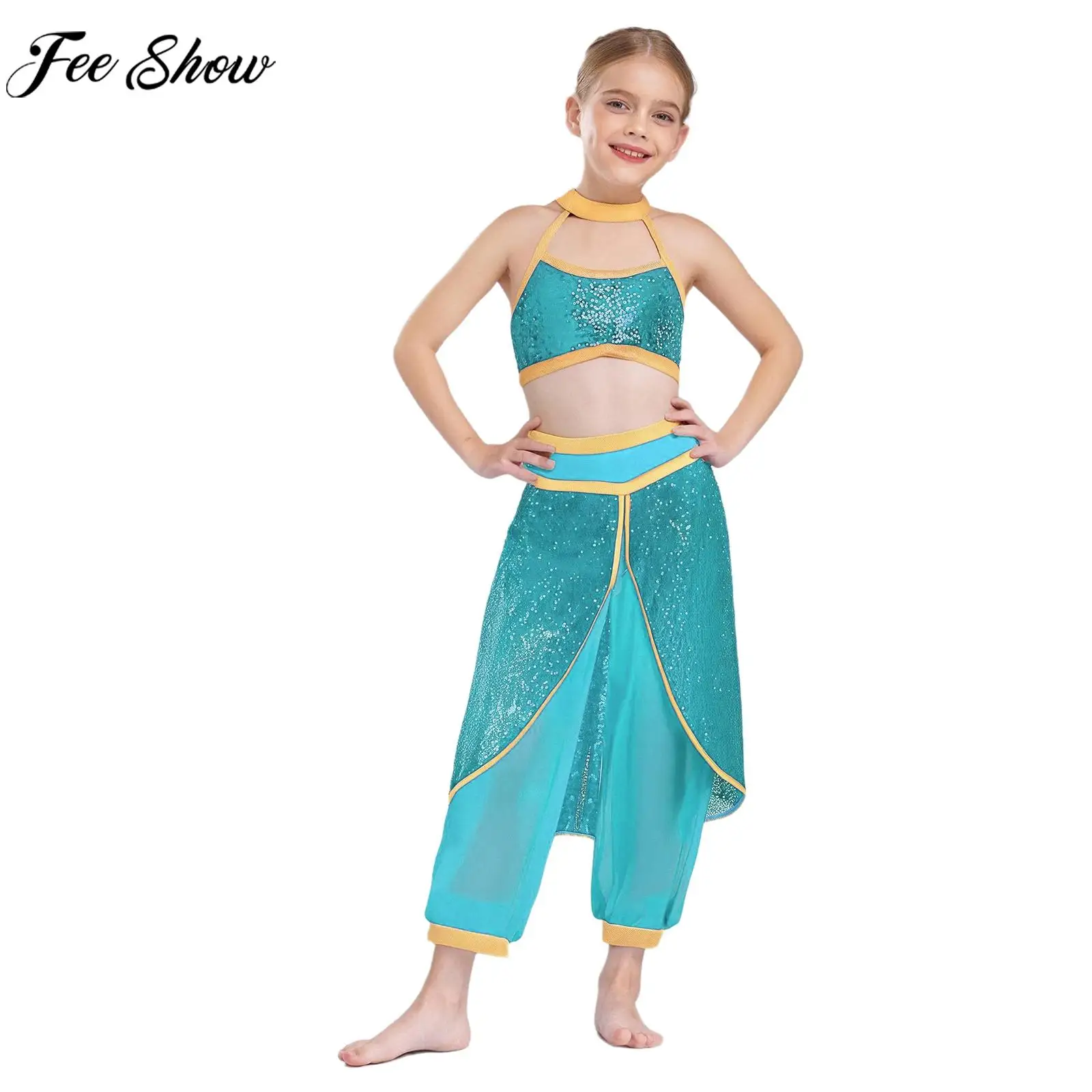 

Детский арабский костюм принцессы Жасмин для танца живота, укороченный топ с блестками и накладными штанами, карнавальная одежда на Хэллоуин, одежда для косплея