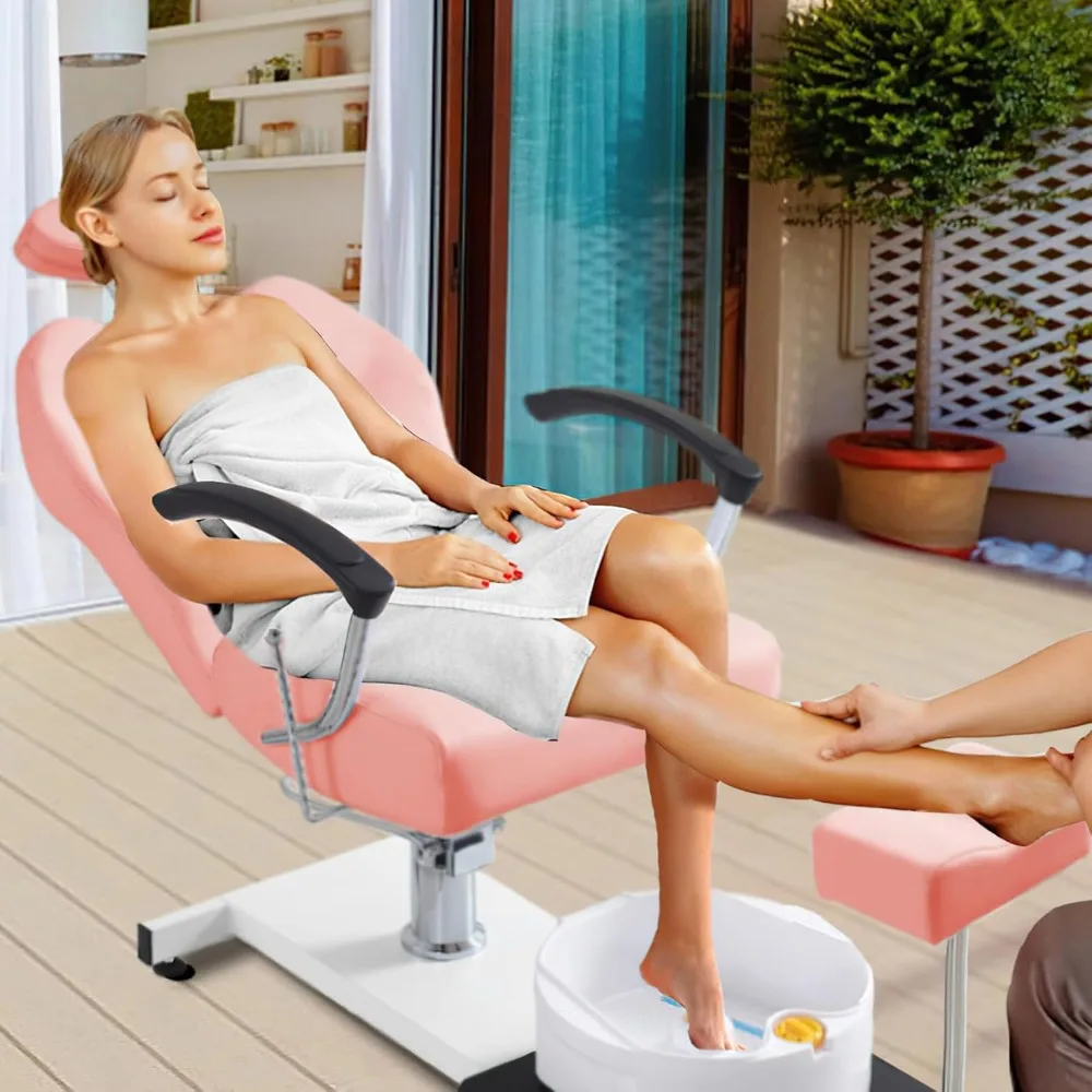 Reclining Pedicure Station with Stool, Hydraulic Height Adjustable 360 Swivel Pedicure Station w/Stool, Footrest, Foot Basin