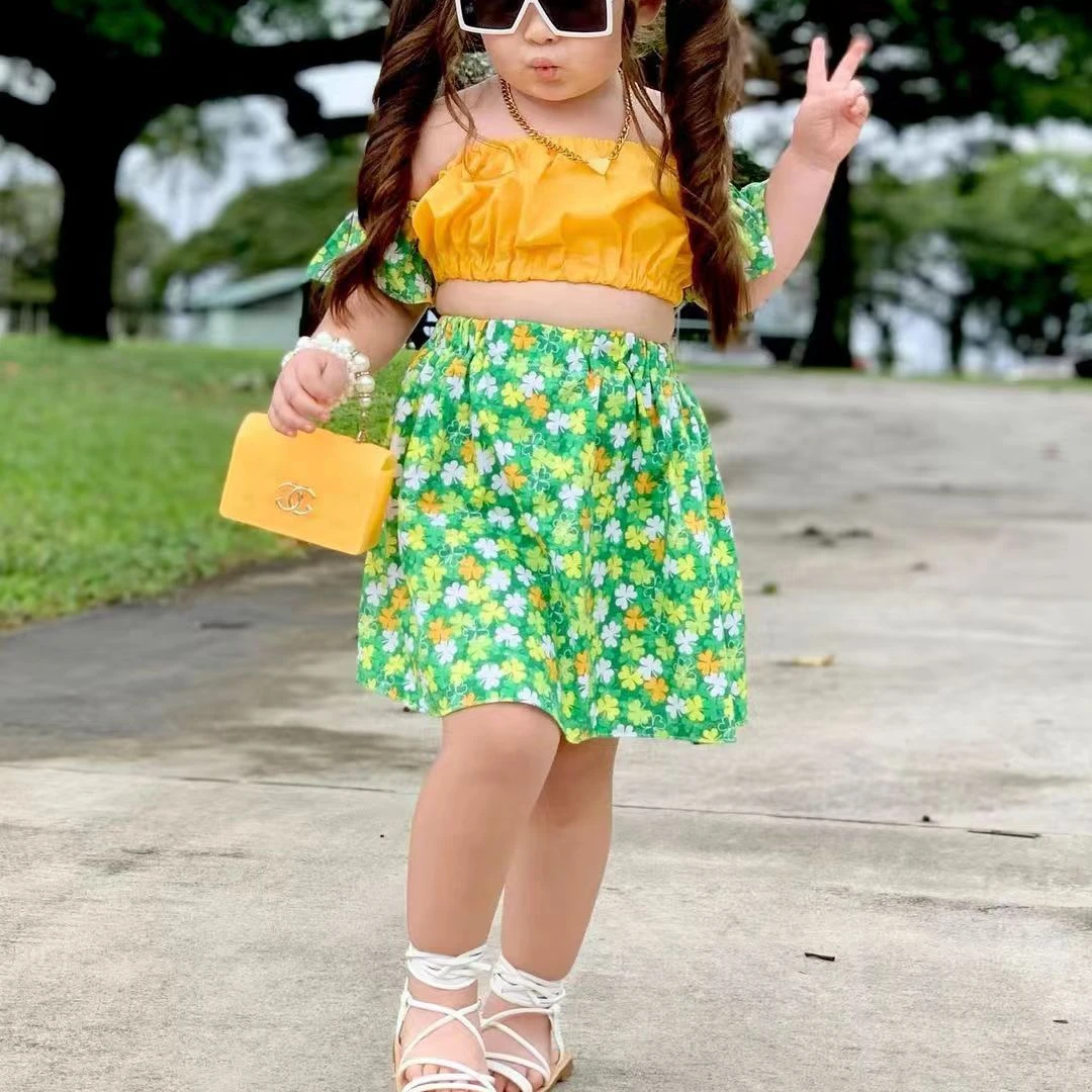 Summer Girls Clothes Sets Strapless Short Sleeve Pleated Crop Tops + Flower Print Skirt Children's Casual Clothing For 2-7 Years