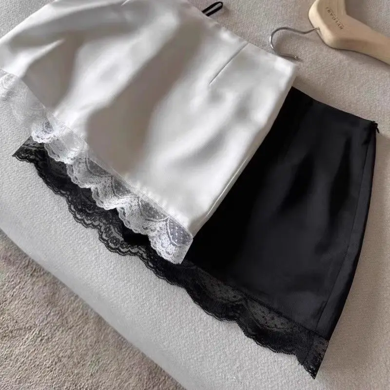 

White Fashion Lace Patchwork Satin A-line Skirt Women's High-waisted Slim Summer New Short Skirt High Street Casual