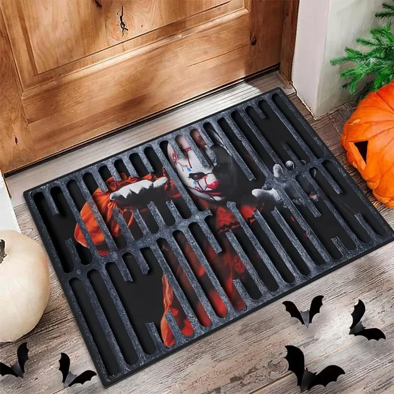 

Halloween - Style Pattern Door Mat, Skeleton Pumpkin Head Welcome Mat, Scary Clown, Highly Atmospheric Entryway Rug
