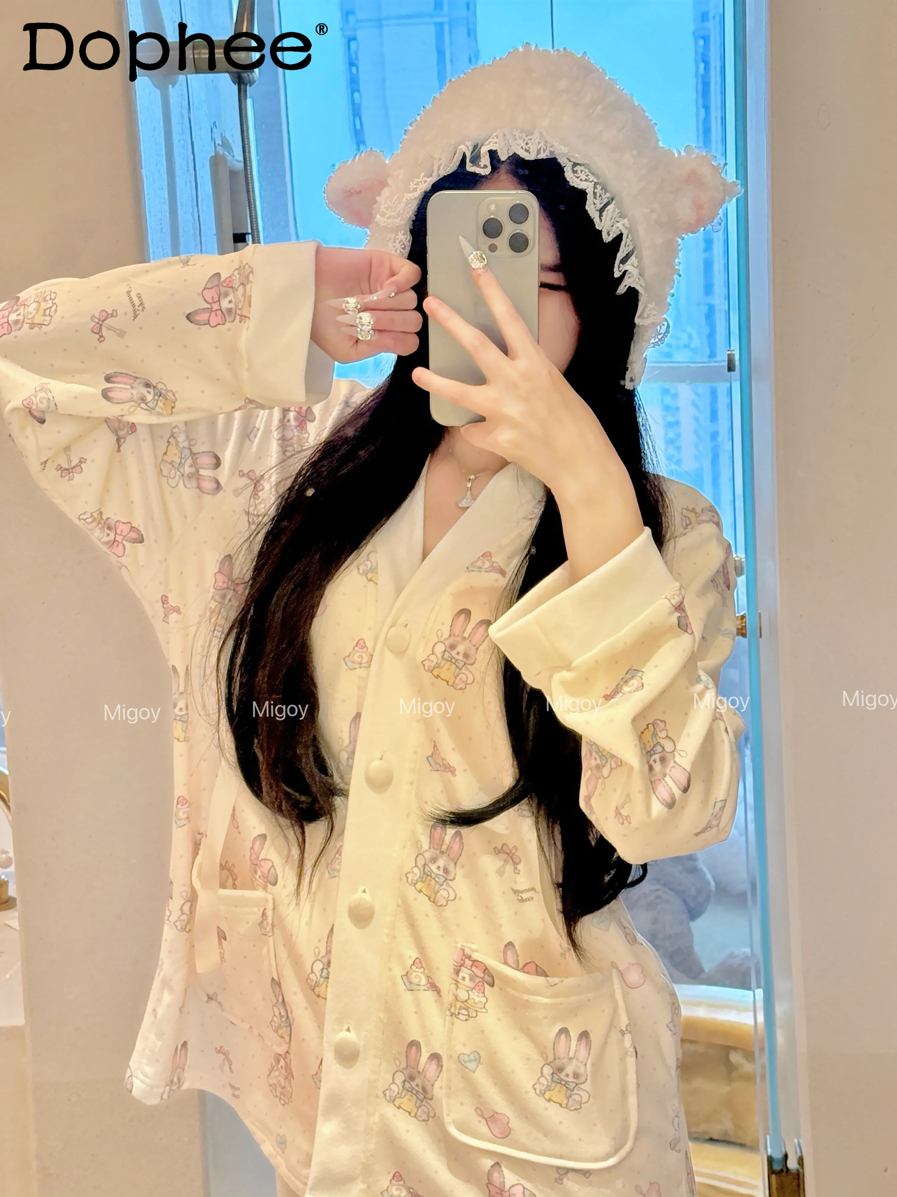 

Sweet Girl Autumn and Winter Warm Pajamas Cute Thickened Cartoon Casual Soft Comfortable Outdoor Long-sleeved Loungewear Set