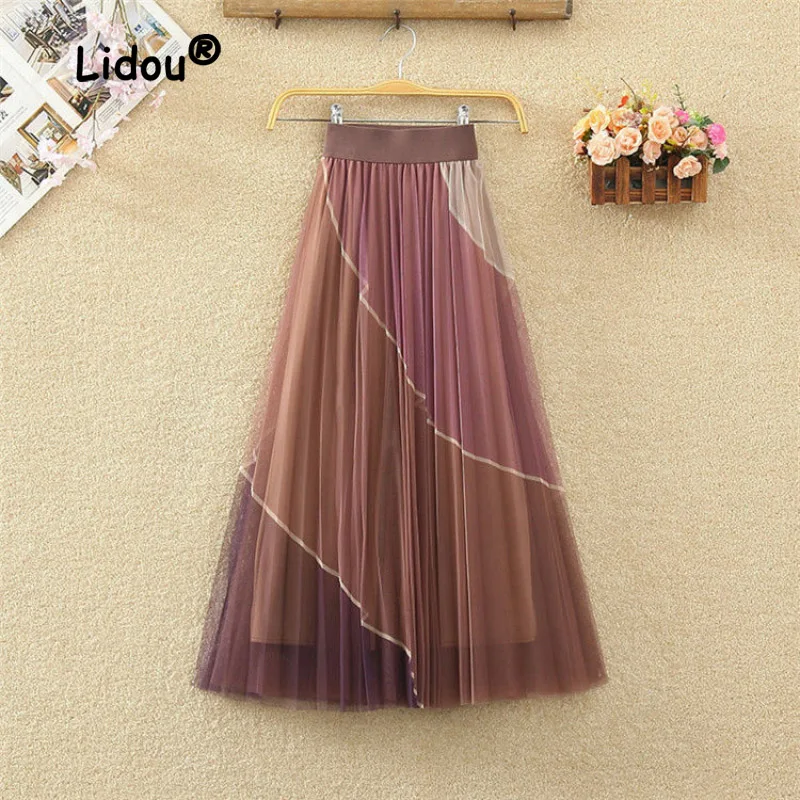 Mesh Skirt Elastic Waist Slim A-line Mid Length Pleated Skirt with Contrasting Color Stitching Women Comfortable Skirt 2023