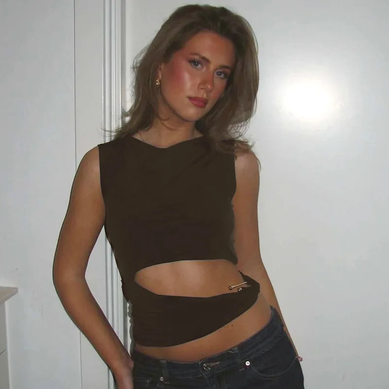 

Women Summer Hollow Waist Tops Shirts Metal Buckle Tees Crop Tops Lady Female Ins Chic Slim Night Club Streetwear Hotsweet Tops