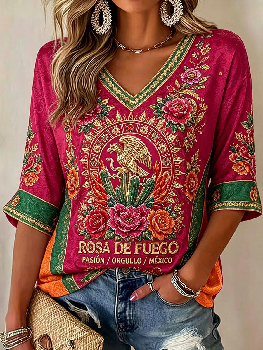 Damen-T-Shirt „Mexican Rosa De Fuego“ mit V-Ausschnitt, kurzen Ärmeln, Adler-Kaktus-Blumenmuster, Boho-Stil, locker geschnitten, lässiges Sommer-Top – Detail 5