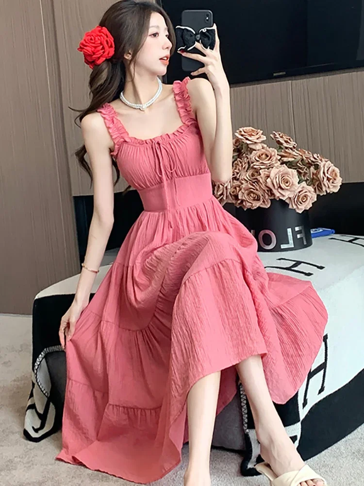 Women Pink Elegant Bow Chic Ruffled Sling Long Dress Summer Beach Style Casual Dress 2024 New Korean Bodycon International Dress