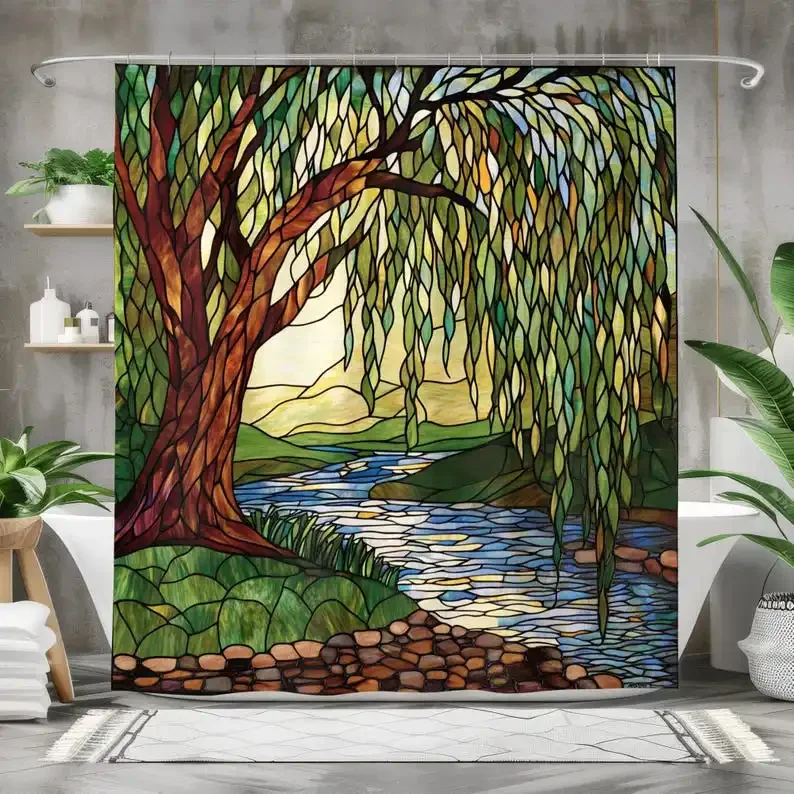 

Willow Tree Shower Curtain – Stained Glass River Landscape Art, Waterproof Fabric Bathroom Decor in Green, Brown & Blue