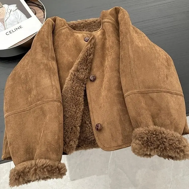 

Explosive suede jacket for women 2024 Korean version winter fur integrated simple and fashionable versatile loose velvet jacket