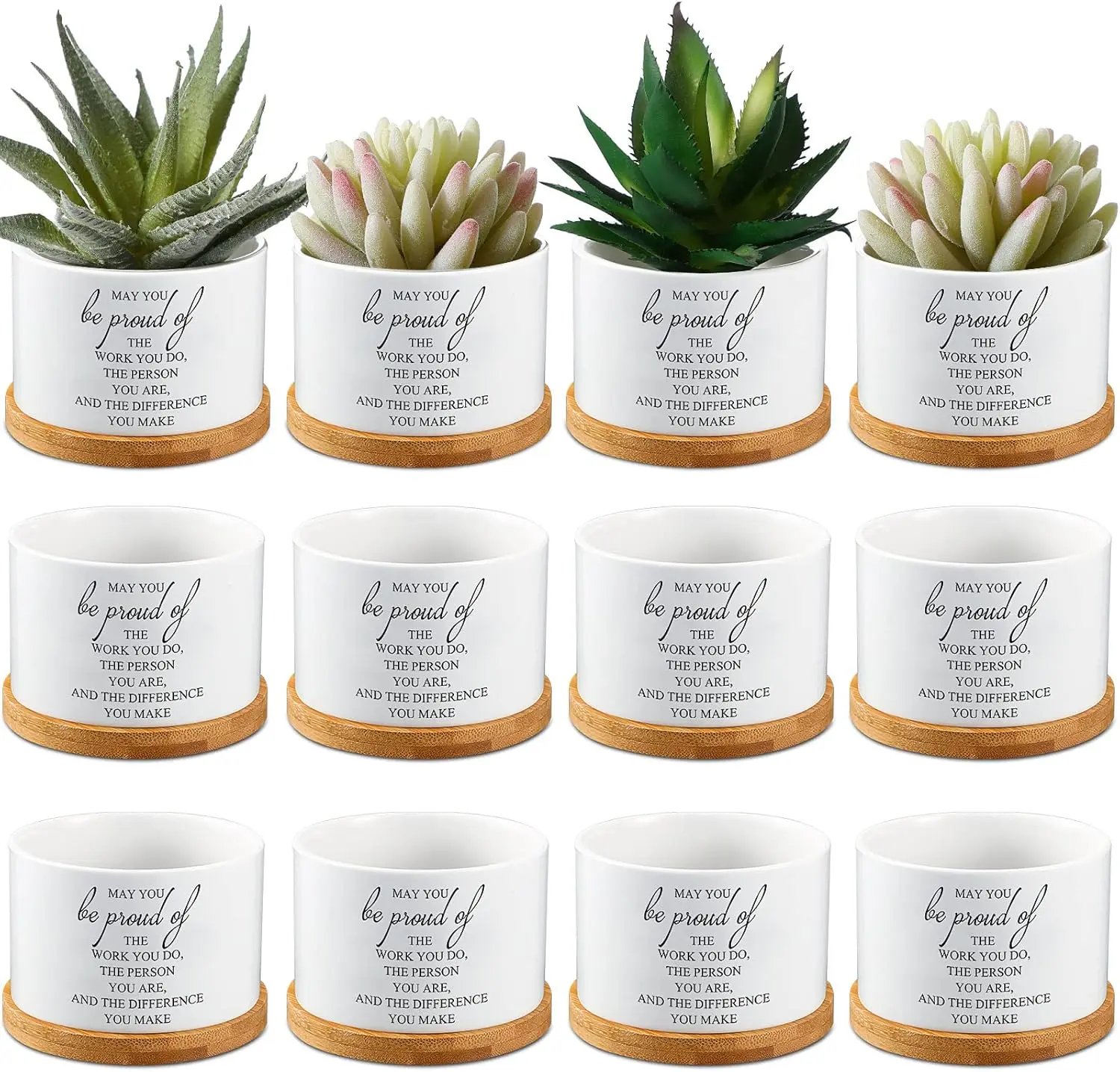 

Набор из 12 мини-керамических горшков для суккулентов (8 см) с бамбуковым поддоном, подарки для сотрудников, благодарственные подарки, оптовая продажа