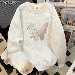 Design Butterfly Print American Retro Round Neck Sweatshirt for Women with Lamb Wool and Velvet Top