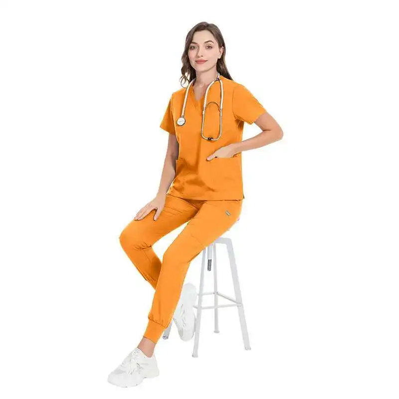 Nieuw beschermend werkuniform met korte mouwen en V-hals voor dames, verpleegstersuniformset, hoogwaardige handwaskleding