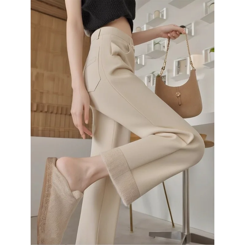 

Светло-коричневые новые зимние стильные популярные маленькие прямые широкие брюки с высокой талией для женщин