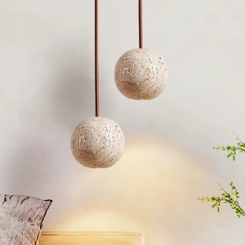 Small Round Stone Pendant Lamp, Nordic Bedside Chandelier, Creative Hanging Line, Iluminação LED para quarto