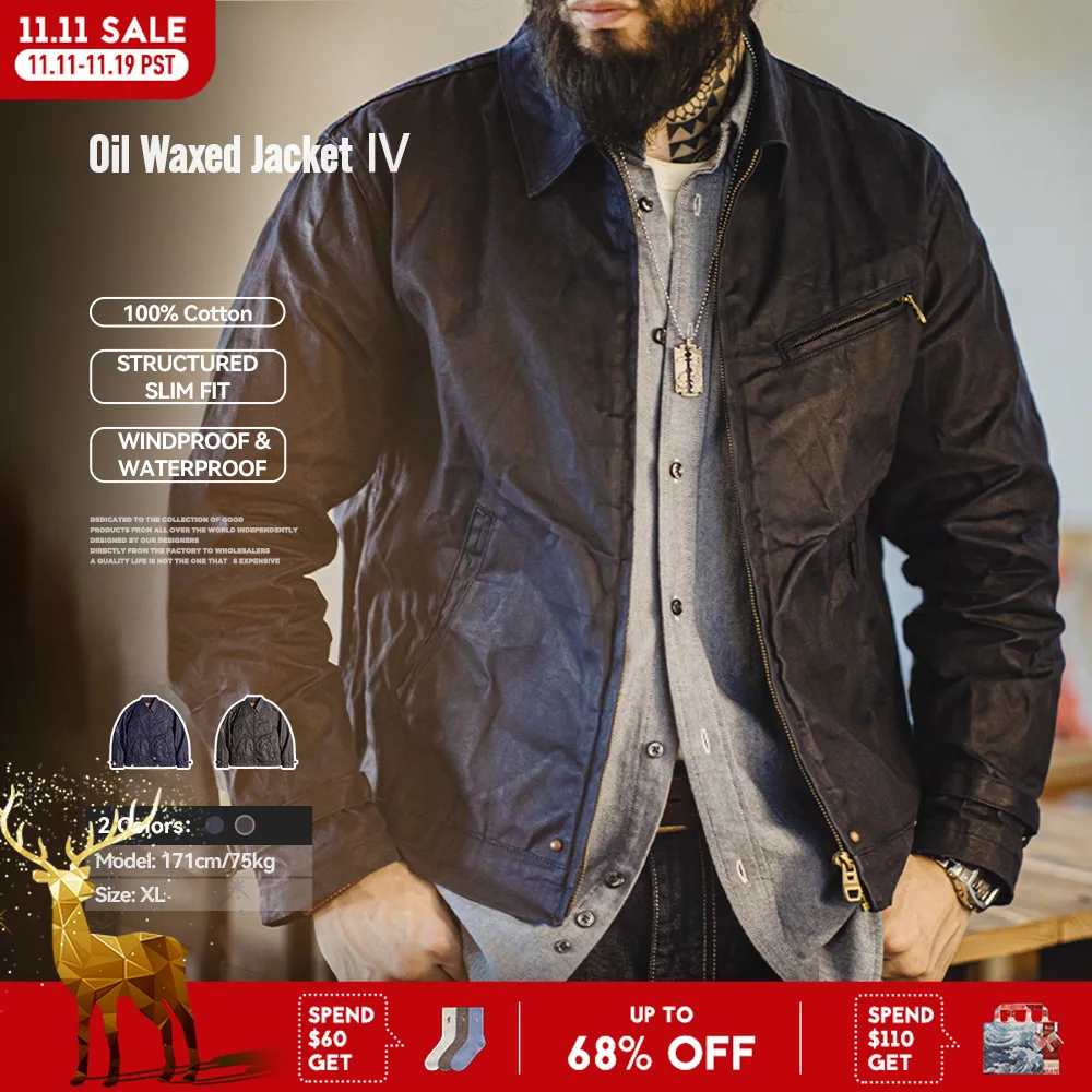 

Maden Men's Vintage IV Oil Waxed Canvas Jacket Lapel Zipper Short Outerwear Classic Slim Fit for Men's Spring and Fall Jacket