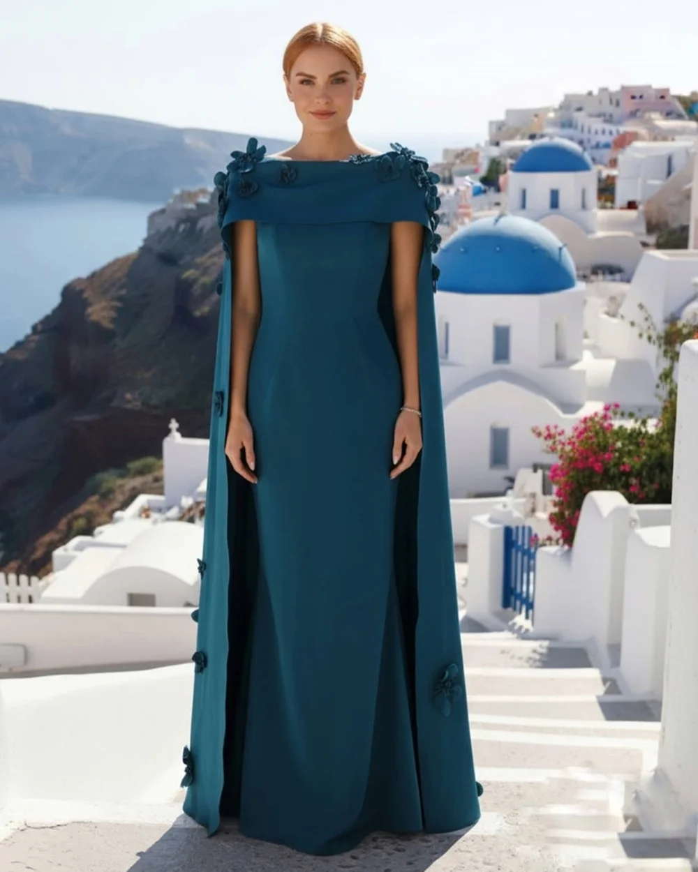 

Customized Modern Style Elegant Jersey Handmade Flower Pleat Straight Scoop Neck Long Dresses Evening Dresses Sizes Available