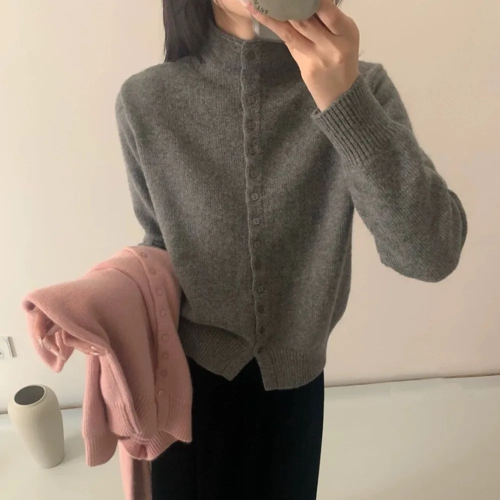 Round Neck Cashmere Sweater Single Breasted Stand-Up Collar Knit Cardigan Long Sleeve Loose Fit Solid Knitted Outerwear