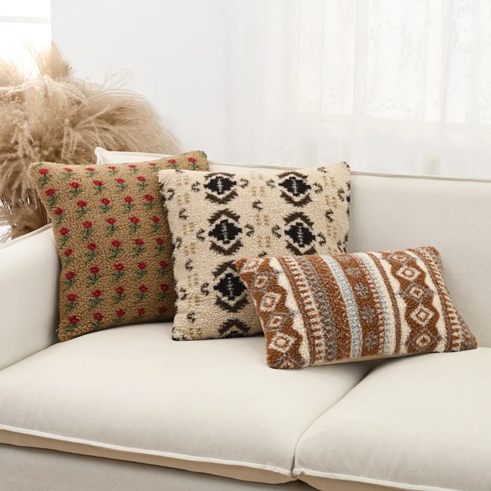 Boho Sherpa Throw Cushion Cover Beige Diamond/Brown Flower/Brown Checker/Ginger Stripe/Khaki Stripe Soft Plush Pillowcase