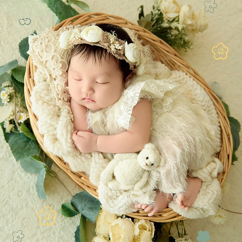 Newborn Photography Props White Dress with Floral Headband Posing Basket Pillow Nordic Knitted Filling Mat Cute Doll Decor Set