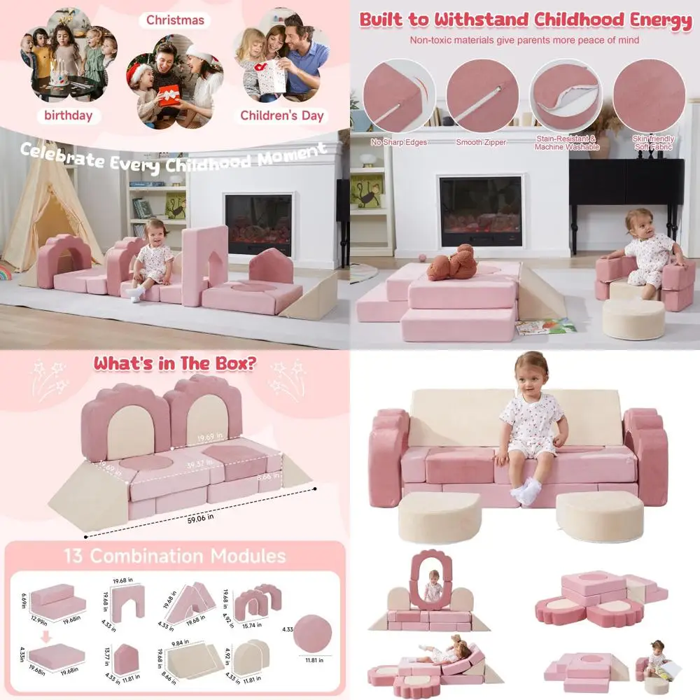 Toddler Foam Climbing Blocks Set, 13-Piece High-Density Play Structure, Washable Indoor Climbing Toys (Beige Pink)