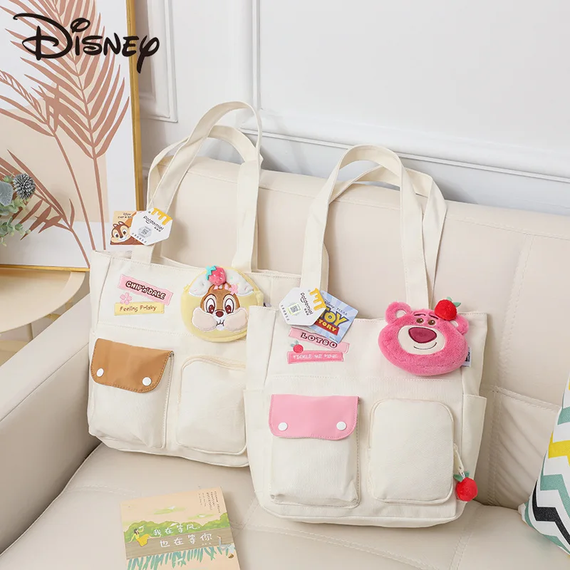 

Disney Lotso Tote Bag for Women Cute Strawberry Bear Canvas Shoulder Bag Casual Handbag with Plush Toy Pendant