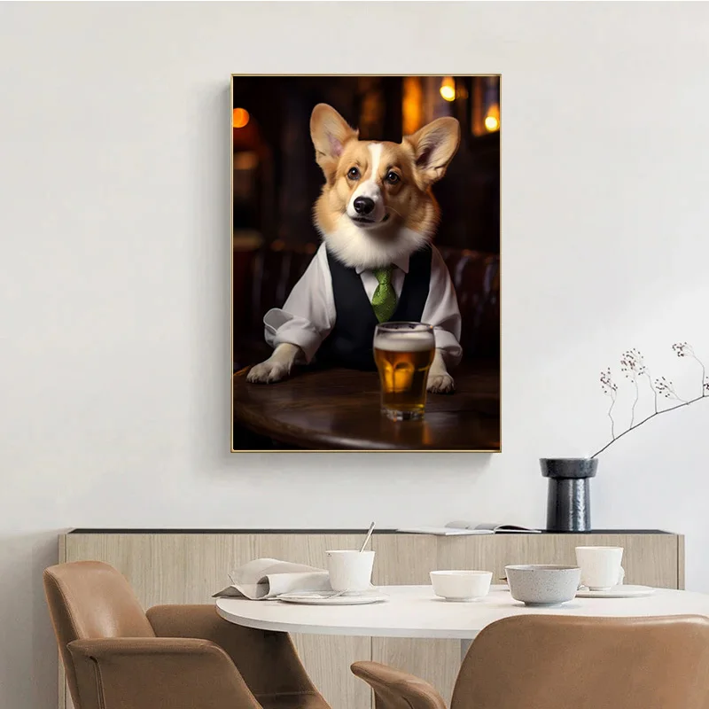 Cute Pug German Shepherd Corgi Collie Dog in The Pub Poster Prints Canvas Painting Animal Beer Wall Art Room Home Decor Cuadros