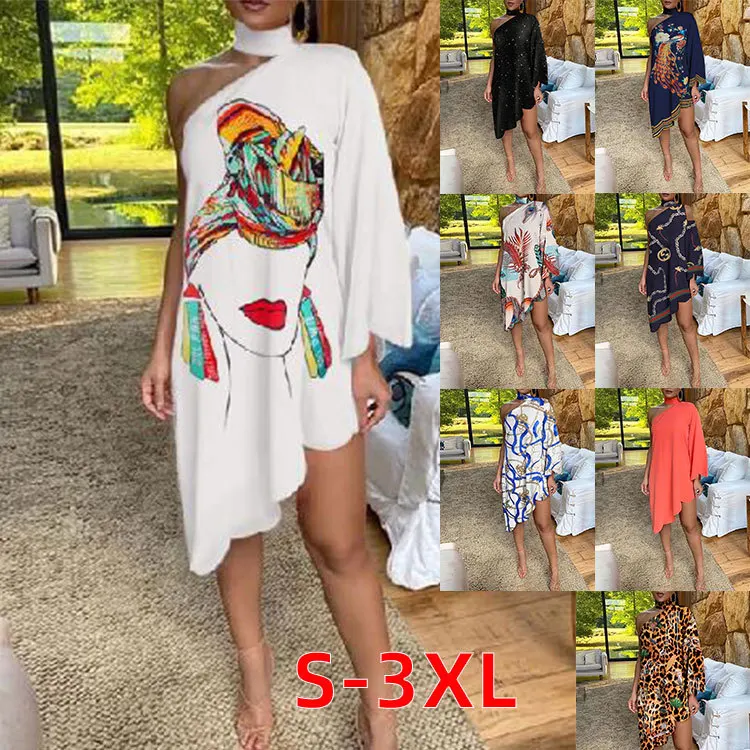 2023 Women's New Product Casual, Comfortable, Sexy, Ruffle Edge Hanging Neck Loose Print One Sleeve Off Shoulder Dress