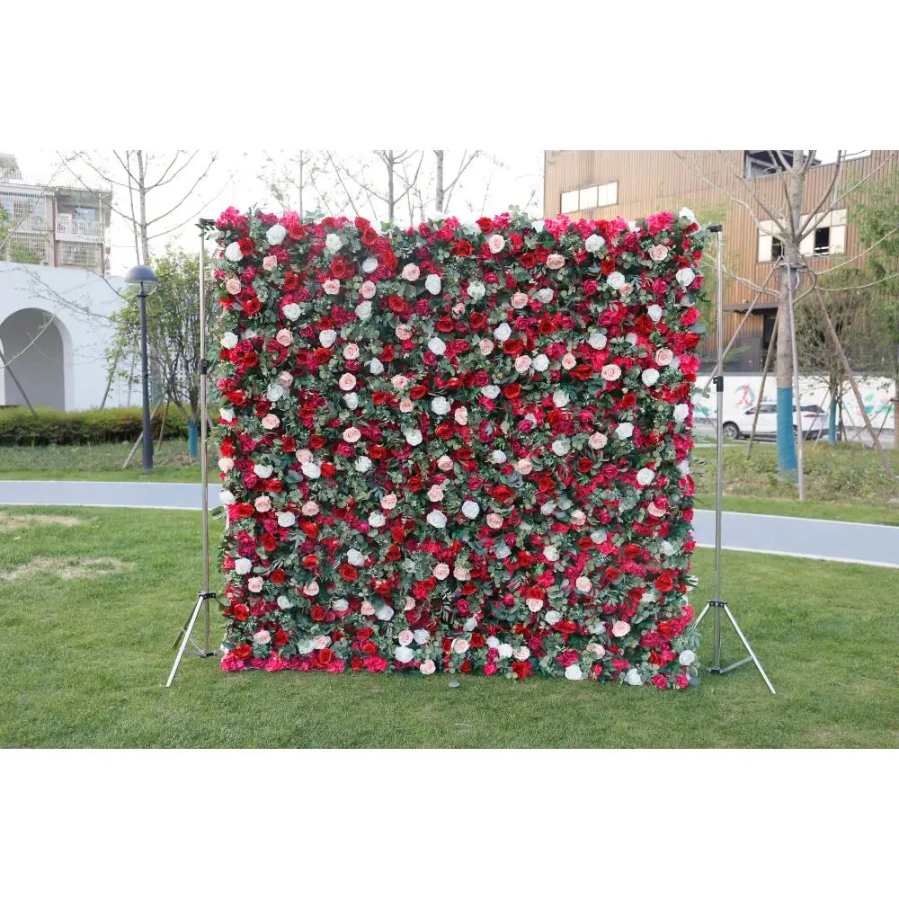 

FSDKX Customized wedding decoration roll up 5d fabric flower wall backdrop artificial silk red rose flower wall