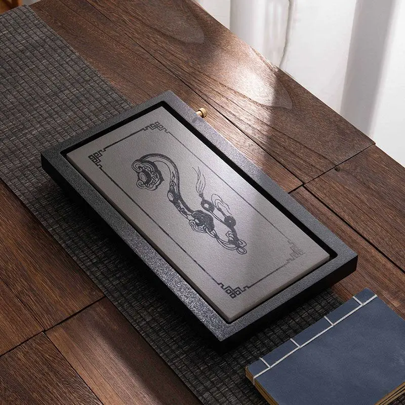 Rectangular Faux Black Gold Stone Tea Tray Water Dry Brew Design Portable Gongfu Tea Serving Tray Living Room Daily Tea Making