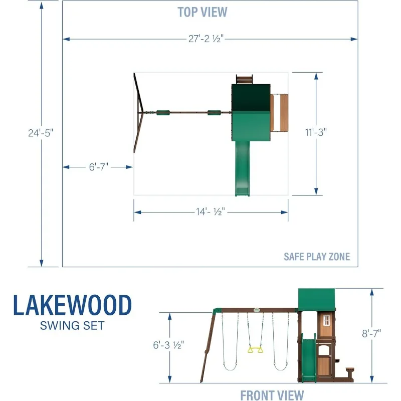 Ensemble de balançoire en bois de Lakewood, pont supérieur recouvert avec fenêtre de garniture blanche, glissière avec R64., zone inférieure du fort avec porte, rêves achis