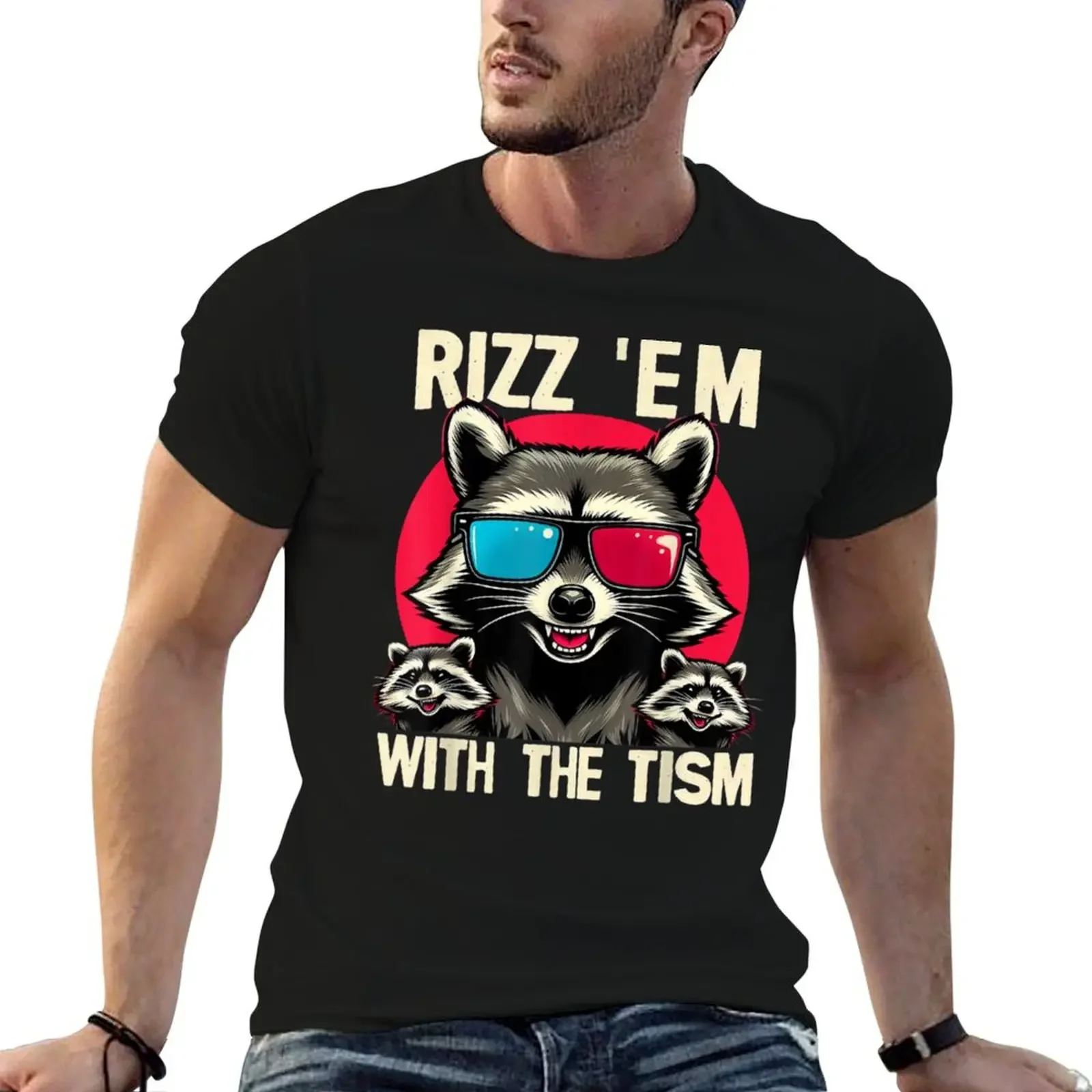 

Rizz Em With The Tism Retro Vintage Raccoon T-Shirt funny meme t-shirts tees gifts for boyfriend mens graphic t-shirts