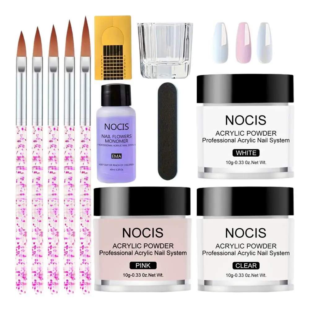 Polvere acrilica per unghie e monomero liquido Decorazione artistica per unghie per set manicure Kit Glitter per unghie in cristallo Punte per unghie 3D Strumenti per intaglio