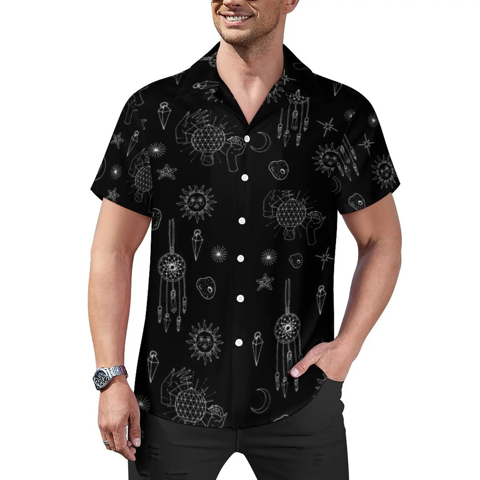 

Retro Moon Print Loose Shirt Men Beach Gothic Celestial Casual Shirts Hawaiian Graphic Short Sleeve Trendy Oversized Blouses