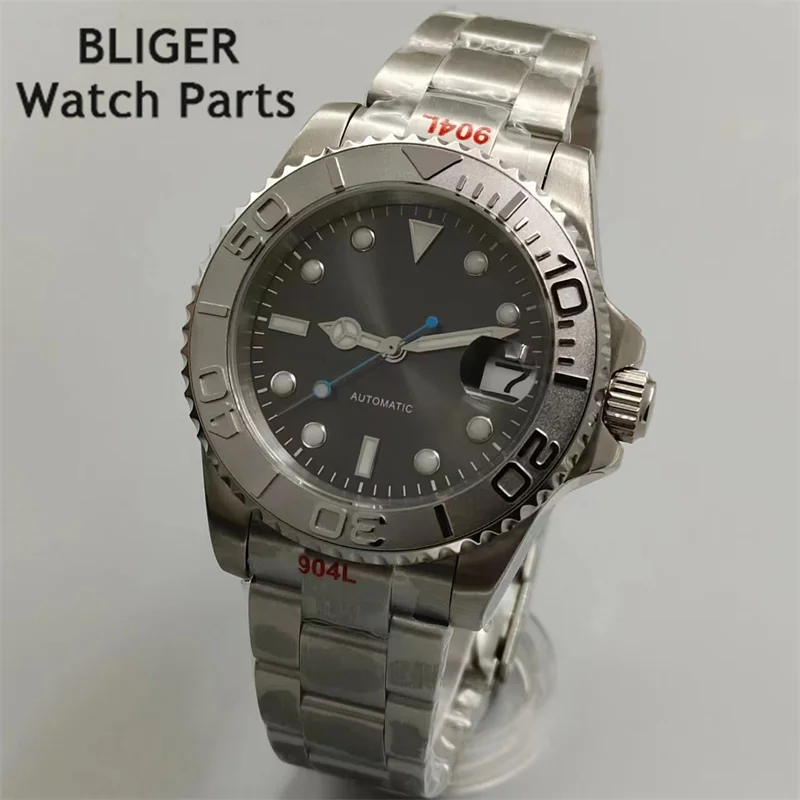 BLIGER 40mm NH35 Watch For Men Silver Insert Sunburst Gray Dial Blue Second Hand Sapphire Glass Oyster Bracelet Waterproof Date