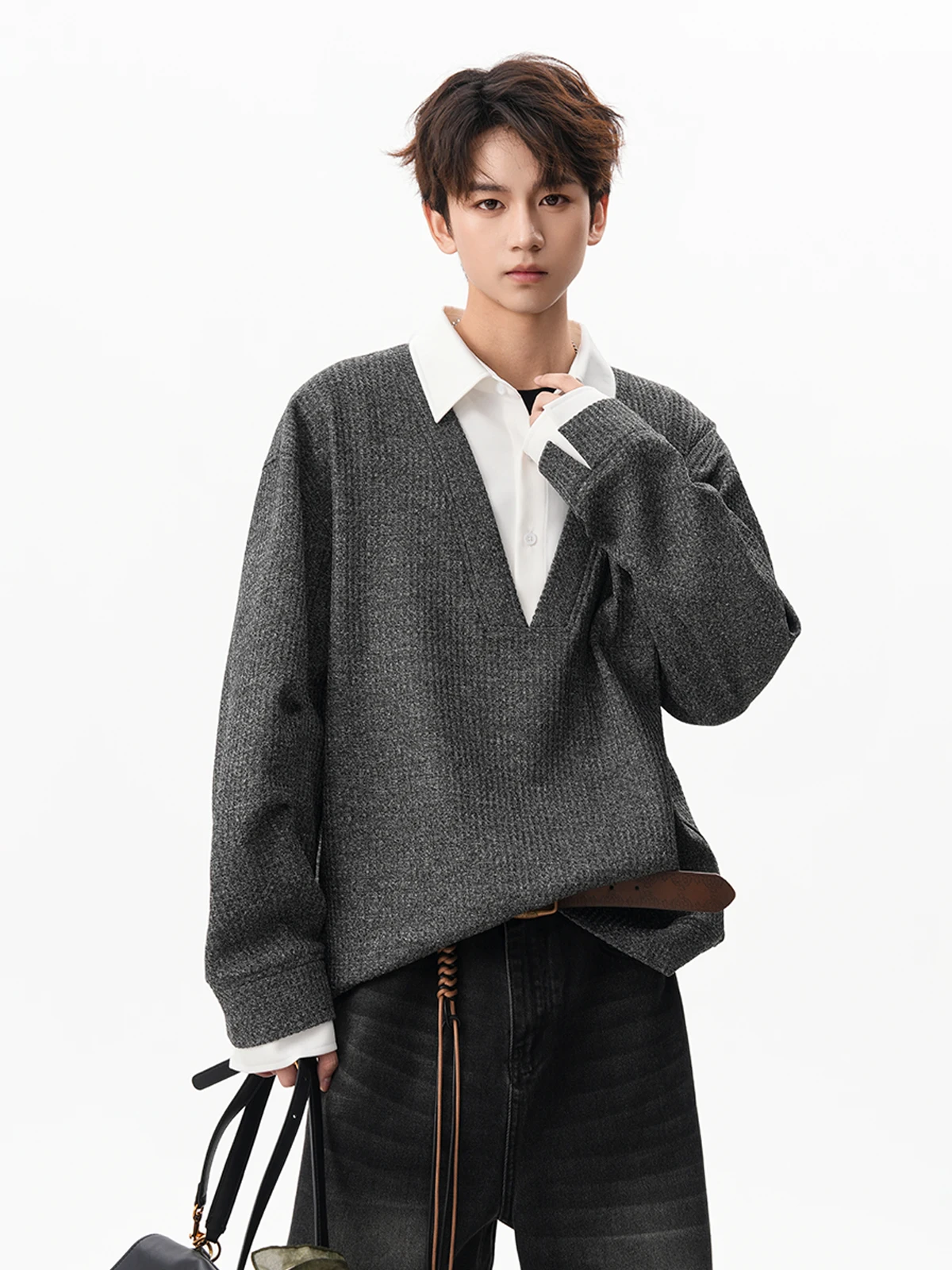 2025 Spring and Autumn New Fake Two-Piece Shirt Collar Light Gray Knitted Sweatshirt Men's Loose Casual Dark Gray Top