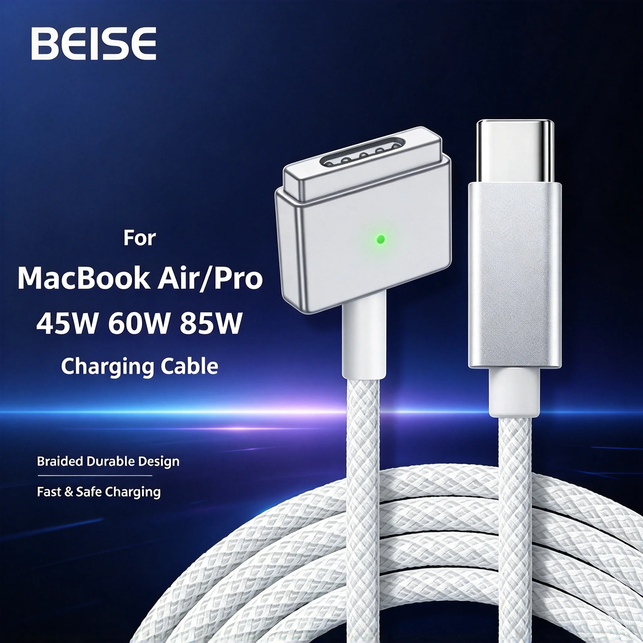 USB-C to Mag1 L & Mag2 T Magnetic Braided Charging Cable, 1st 2nd Gen Magnetic Connector for MacBook Air/Pro 45W 60W 85W Series