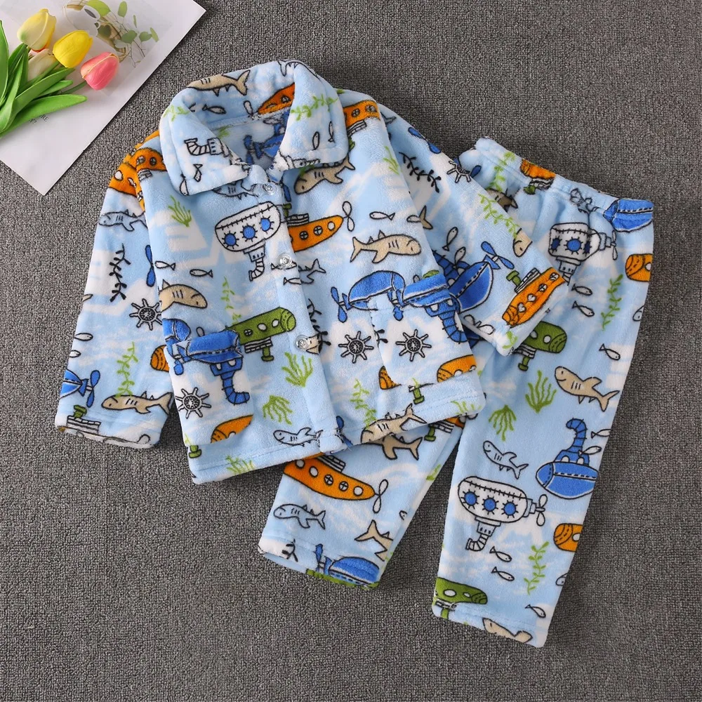 Boys Autumn Winter Soft Flannel Warm Pajamas Sets Toddler Baby Cute Cartoon Lapel Coat with Pants Pyjamas Kids Casual Sleepwear