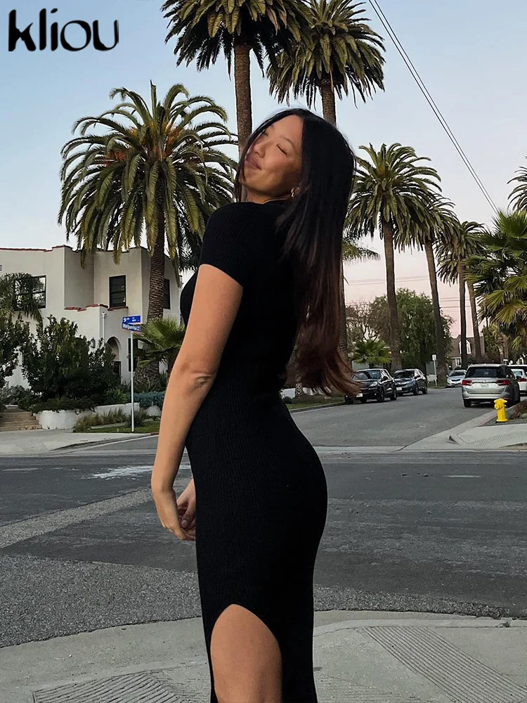 Kliou Elegante Büro Dame Maxi Kleid Frauen Solide Mode drehen-unten Kragen Kurzarm Taste Seite Schlitz Körper-gestaltung Straße Robe – Detail 21