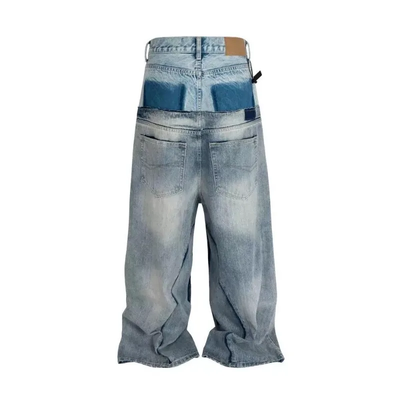 Deeptown Grunge Double-layer Double Waist Patchwork Jeans for Men Women Wide Leg Hip Hop Baggy Straight Denim Trousers Oversized